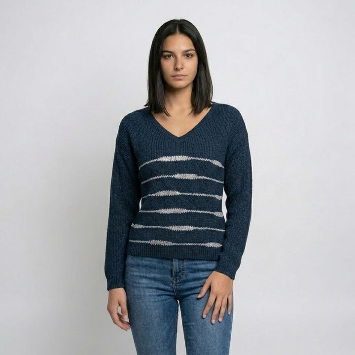 Fitted V-Neck Knitted Sweater in Polyester-Elastane Blend