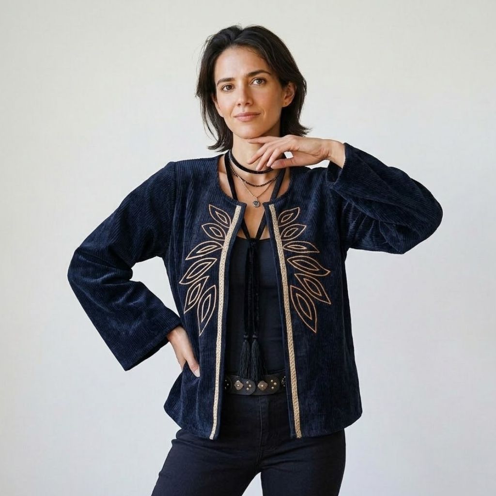 Embroidered Loose-Fit Jacket in a Soft Polyester-Cotton Blend with Wide Sleeves
