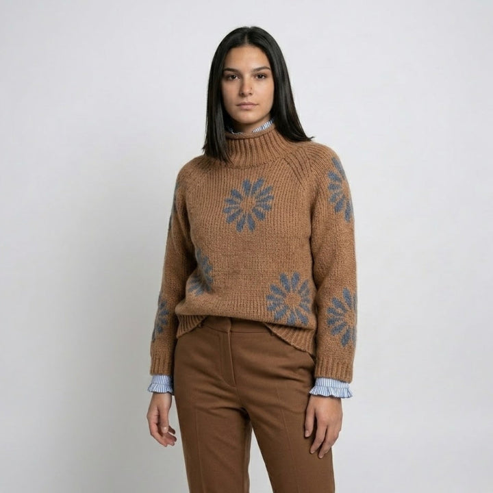 Cozy Roll Neck Knitted Sweater in Acrylic-Wool Blend with Decorative Design