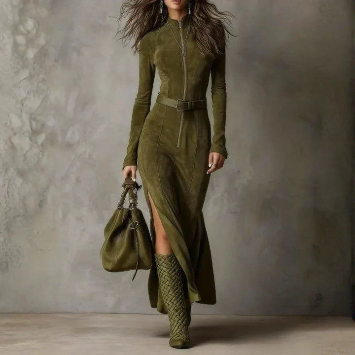Maria - Chic Long Suede Dress with Belt and Side Split