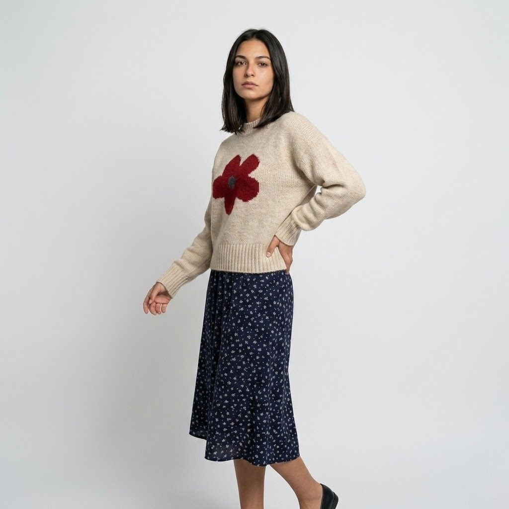 Floral Pattern Knitted Acrylic Sweater for Everyday Style