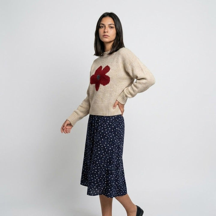 Floral Pattern Knitted Acrylic Sweater for Everyday Style