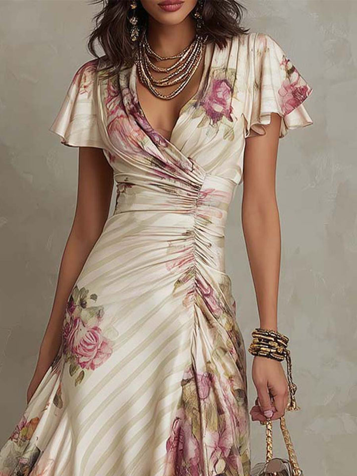 Chic Satin Midi Dress with Vintage Floral Design