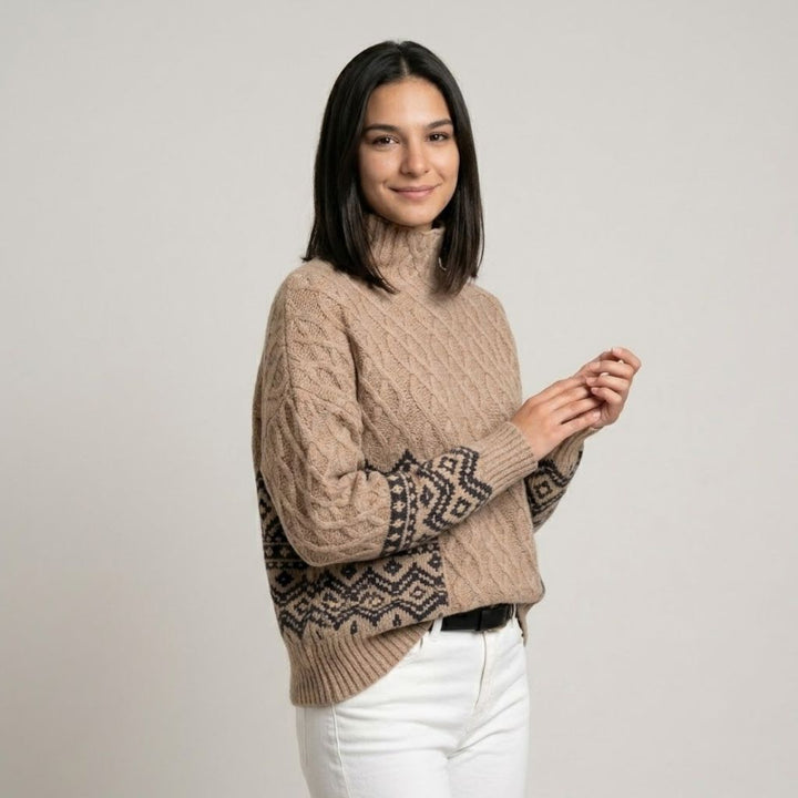 Textured Roll Neck Sweater Crafted from Acrylic and Wool Blend