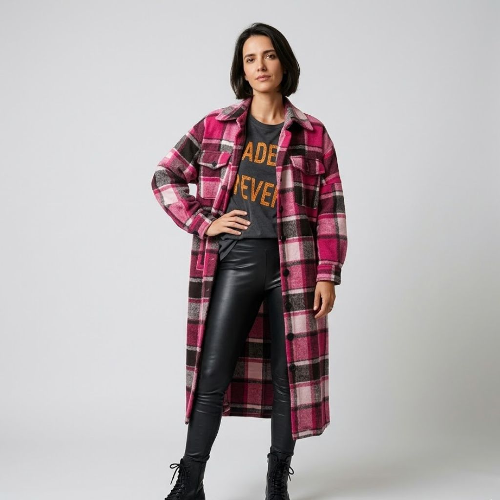 Checkered Long Polyester Coat with Unique Design