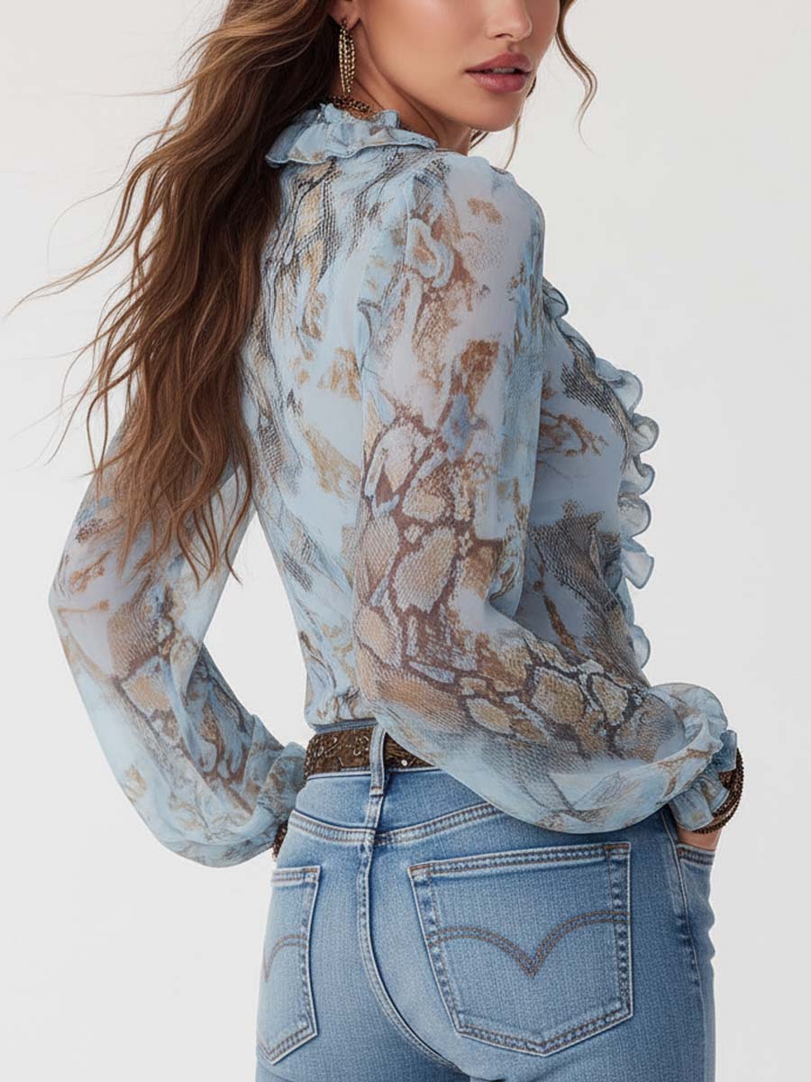Ice Blue Chiffon Blouse with Front Zip