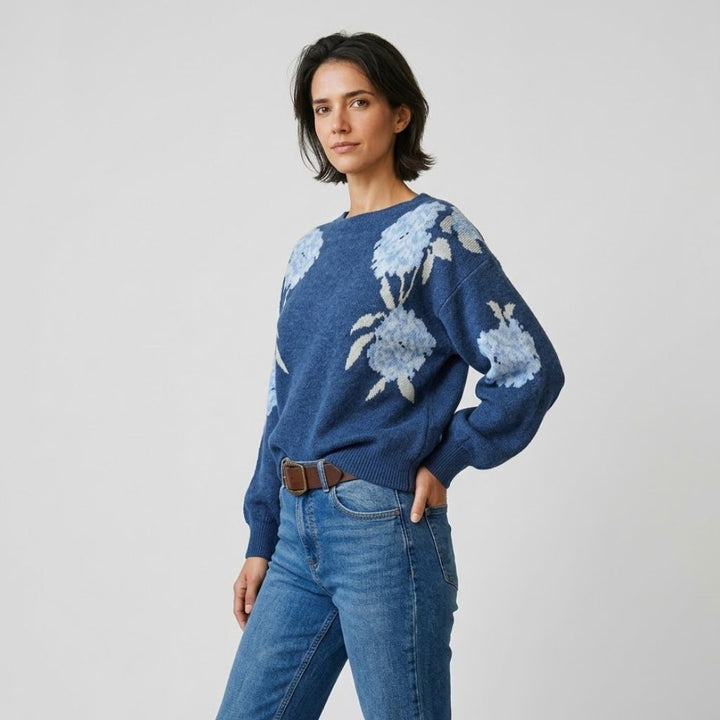Floral Pattern Knitted Sweater in Acrylic-Cotton Blend