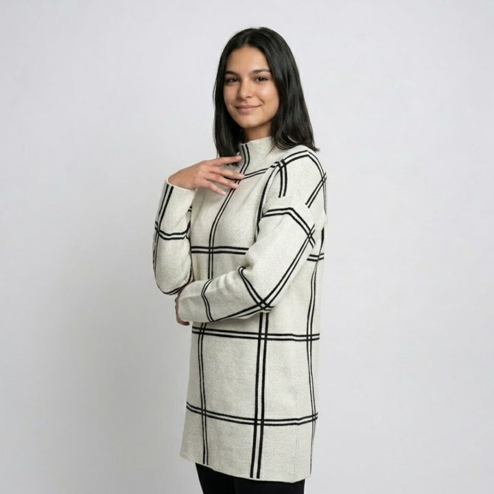 Urban-Style Long Knitted Sweater in Geometric Pattern - Acrylic and Polyester Blend