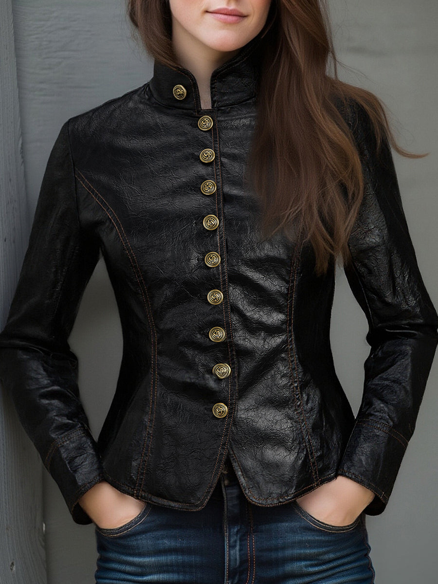 Vintage-Inspired PU Jacket with Metal Accents and Stitched Collar