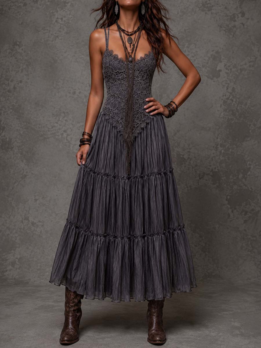 Dark Grey Maxi Dress with Lace Bodice and Layered Design