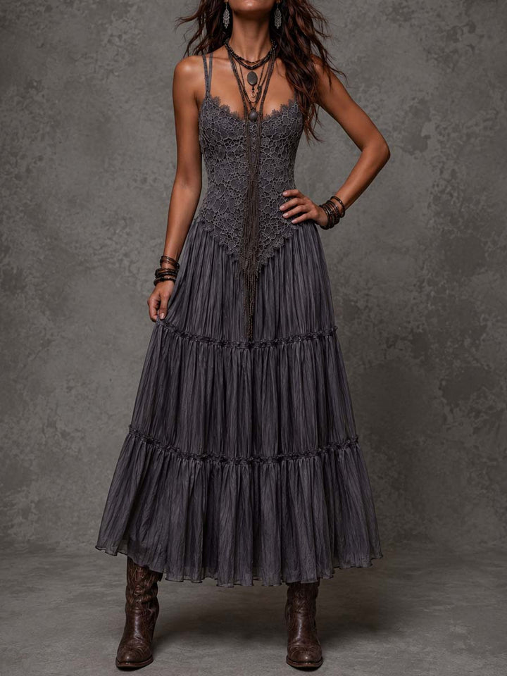 Dark Grey Maxi Dress with Lace Bodice and Layered Design