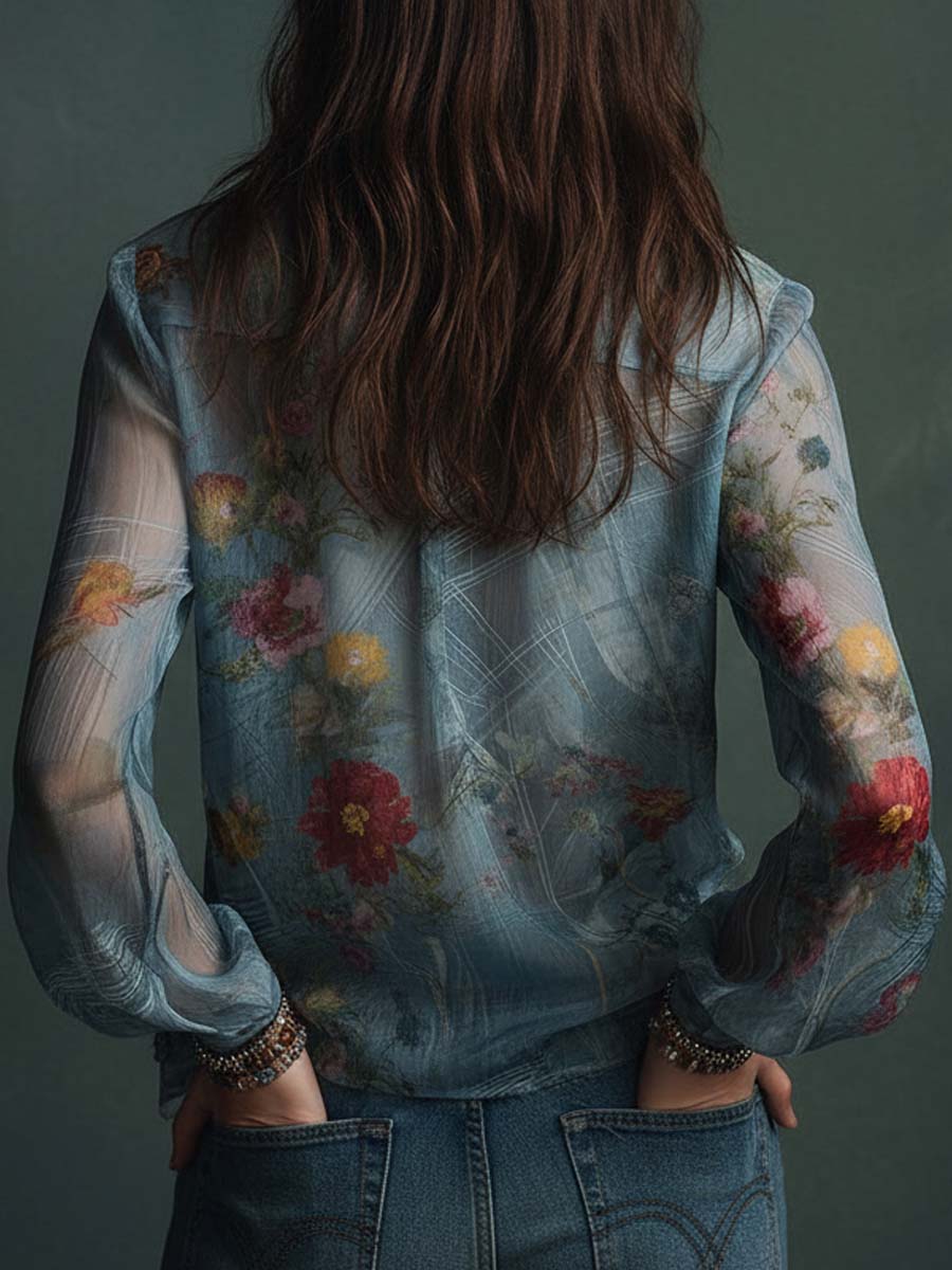 Vintage-Inspired Sheer Floral Blouse with Button Details