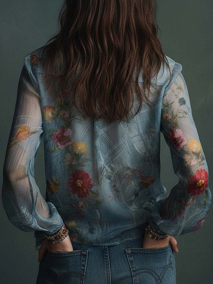 Vintage-Inspired Sheer Floral Blouse with Button Details