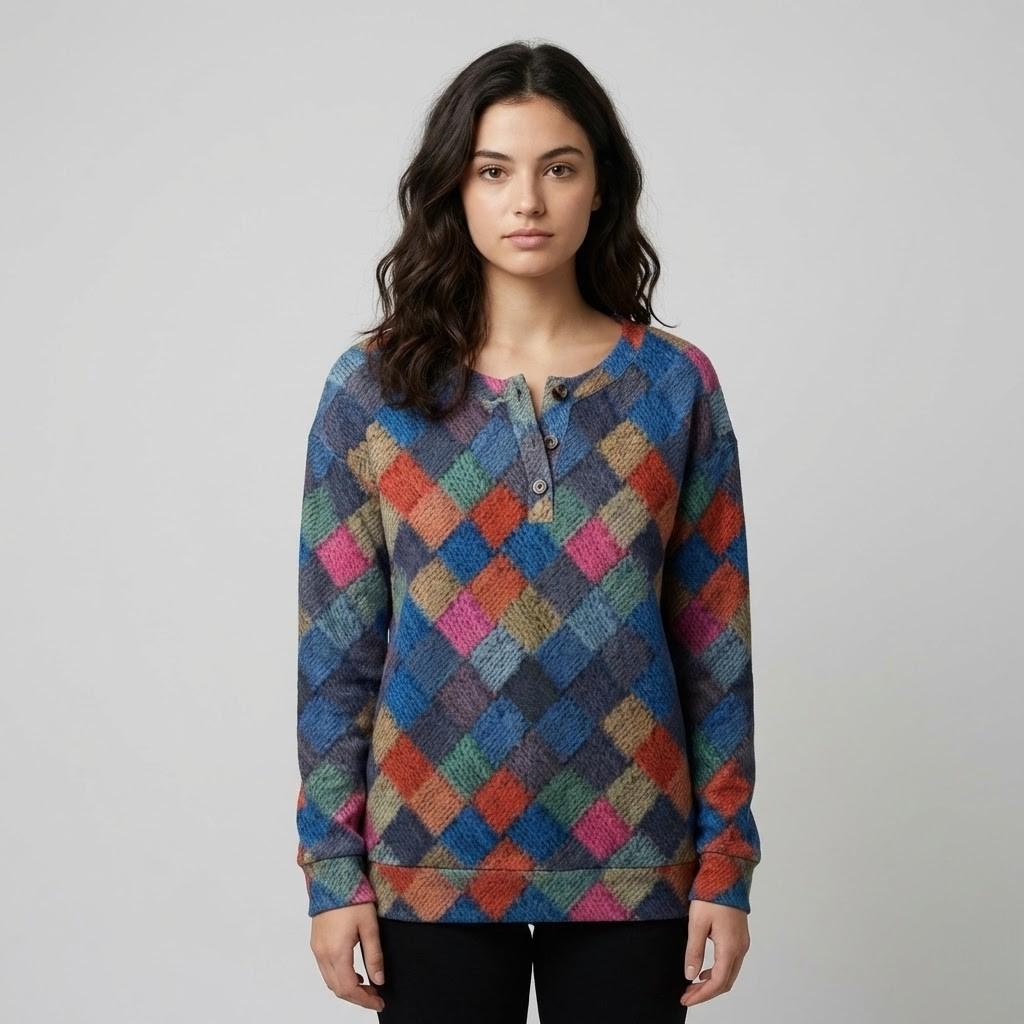 Geometric Pattern Knitted Sweater with Button Closure