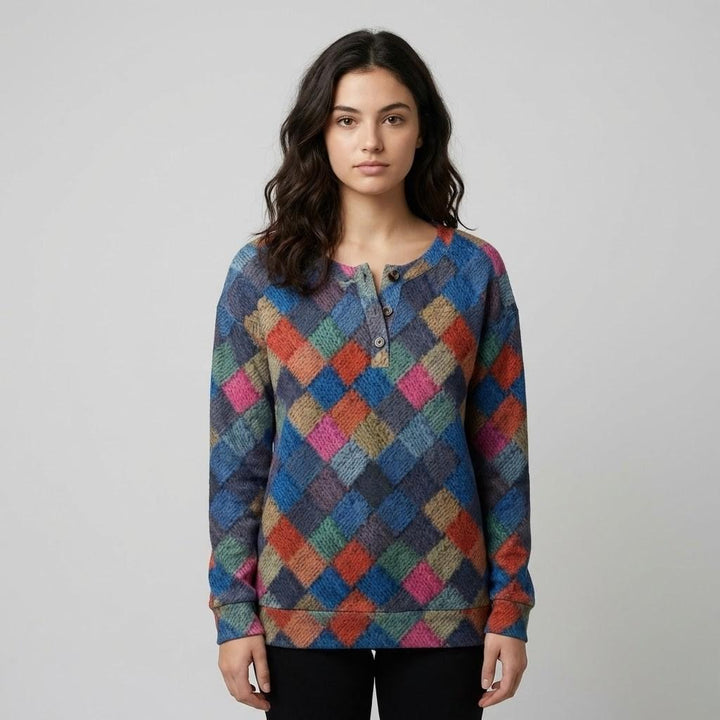 Geometric Pattern Knitted Sweater with Button Closure