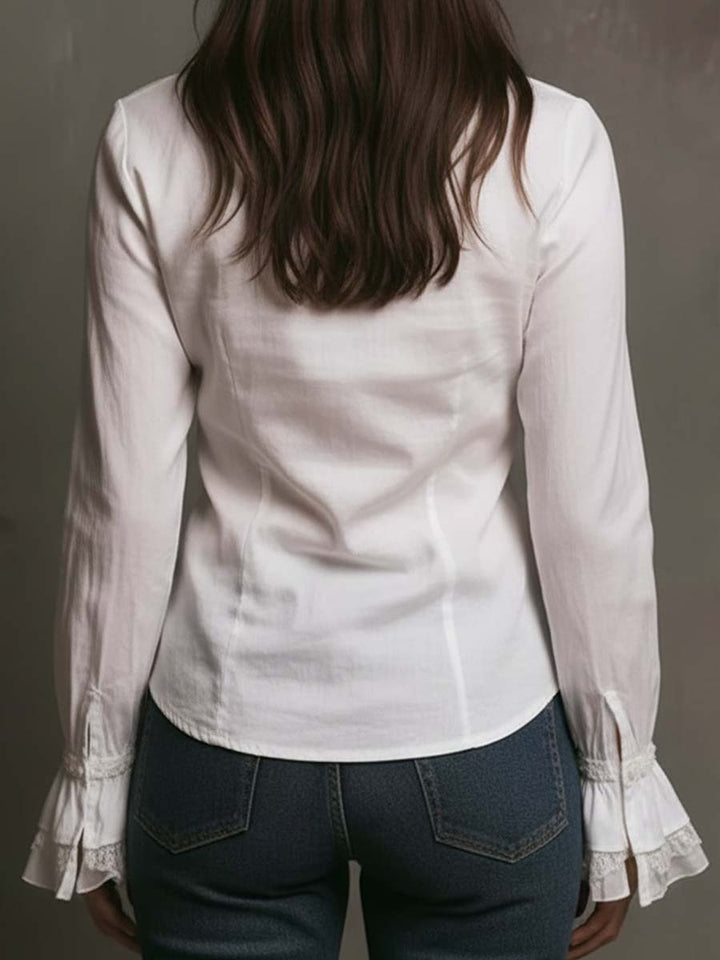 Elegant White Blouse Featuring Ruffles and Lace Accents