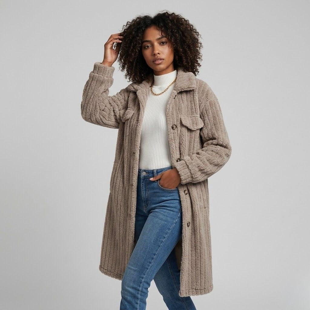 Textured Long Coat in a Soft Polyester-Cotton Blend with Front Pockets