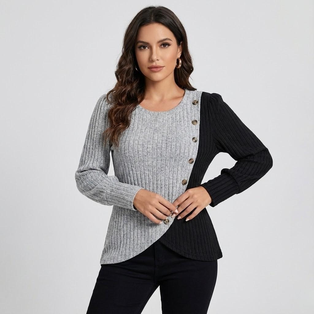 Flowing Asymmetrical Knit Sweater in Cotton Blend with Decorative Buttons