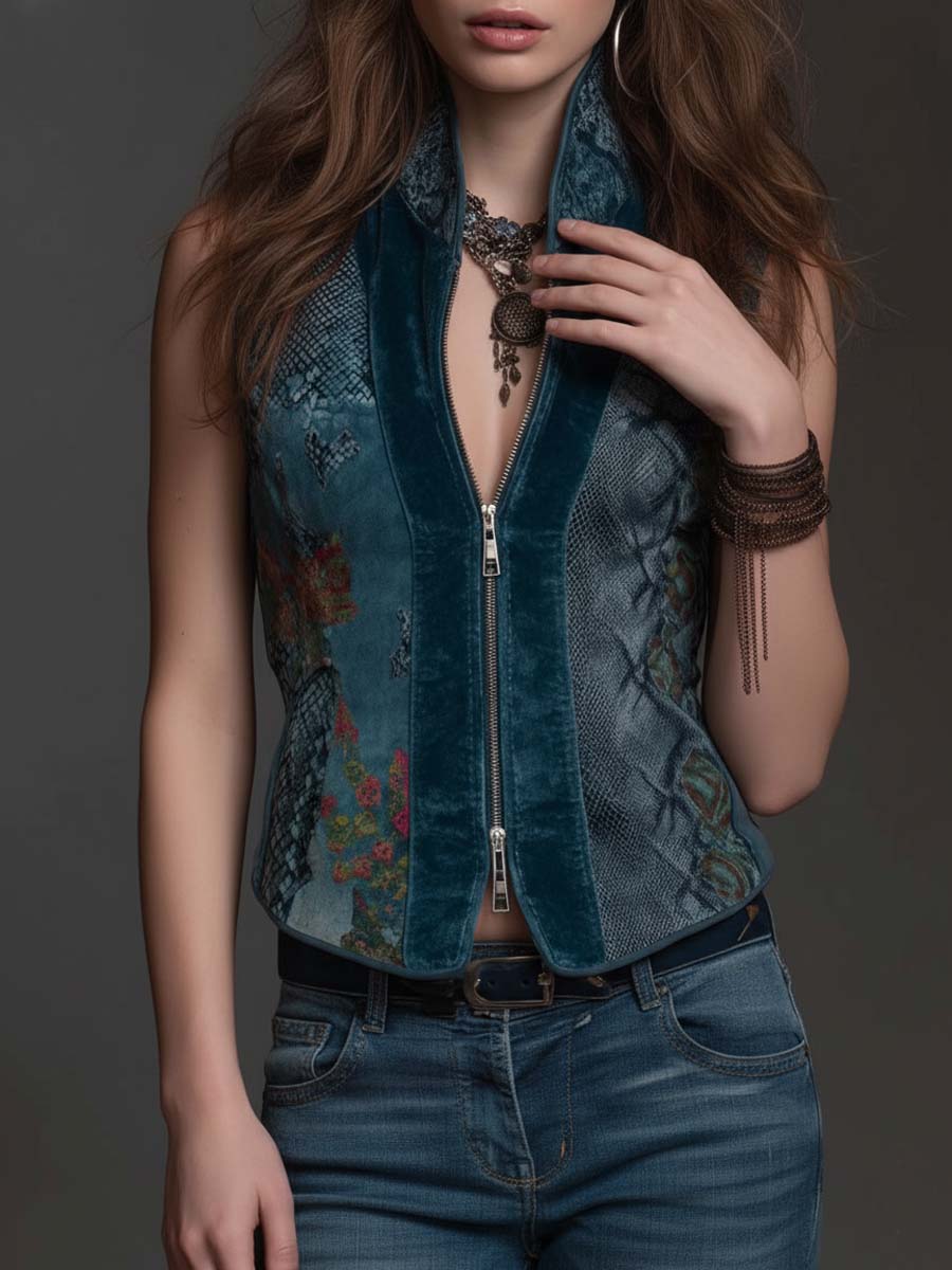 Front Zip Dark Turquoise Velvet Gilet