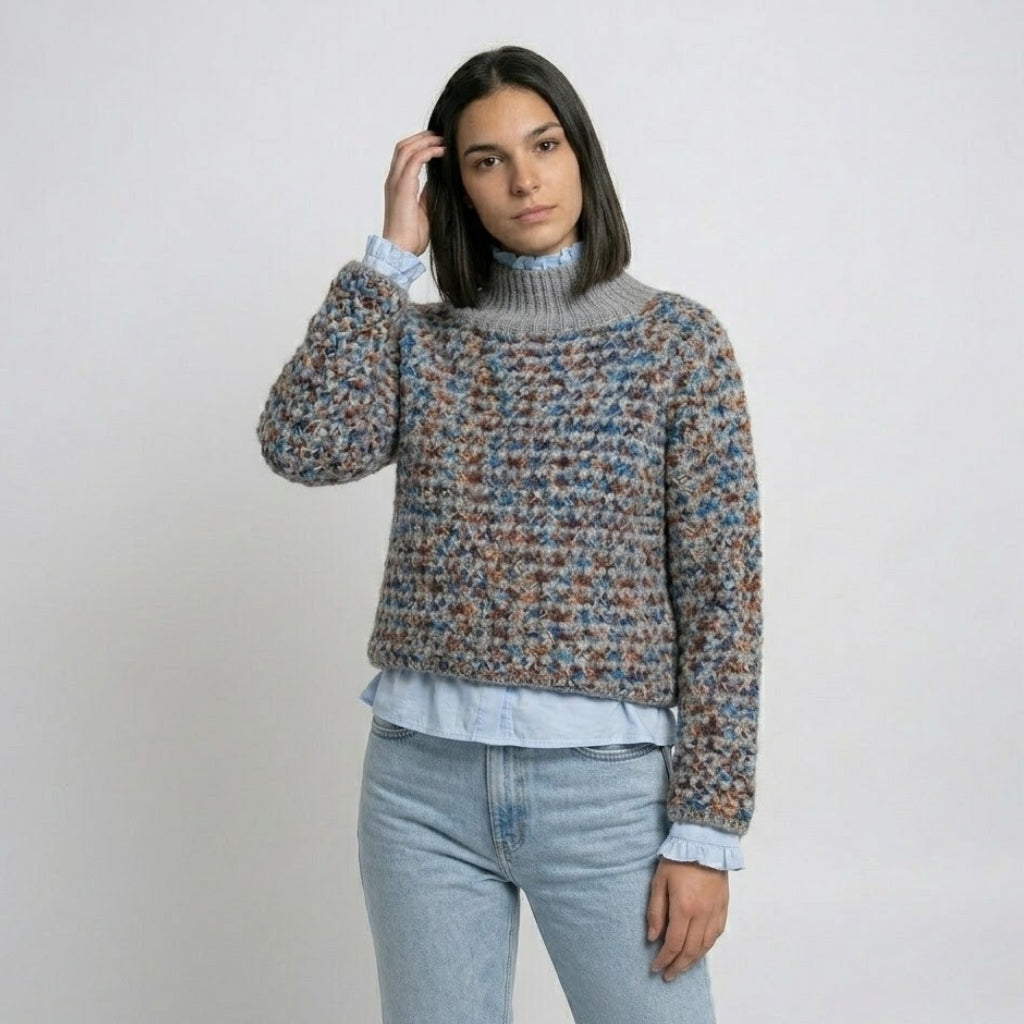 Multicolored Roll Neck Knitted Sweater in Acrylic-Polyester Blend
