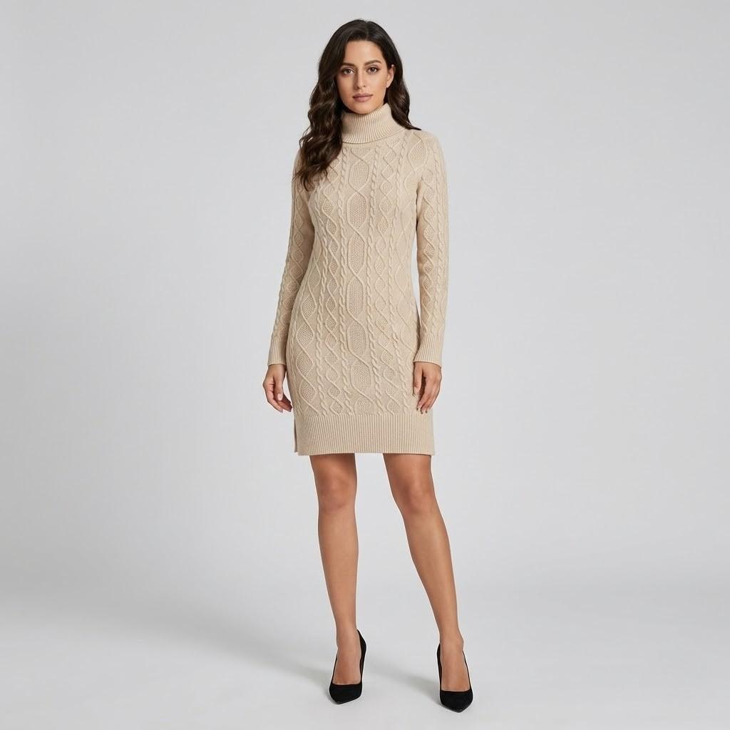 Anežka | Braid Pattern Midi Dress with Roll Neck