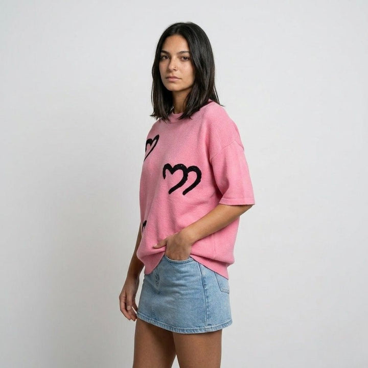 Relaxed Fit Cotton Short-Sleeve Sweatshirt with Heart Design