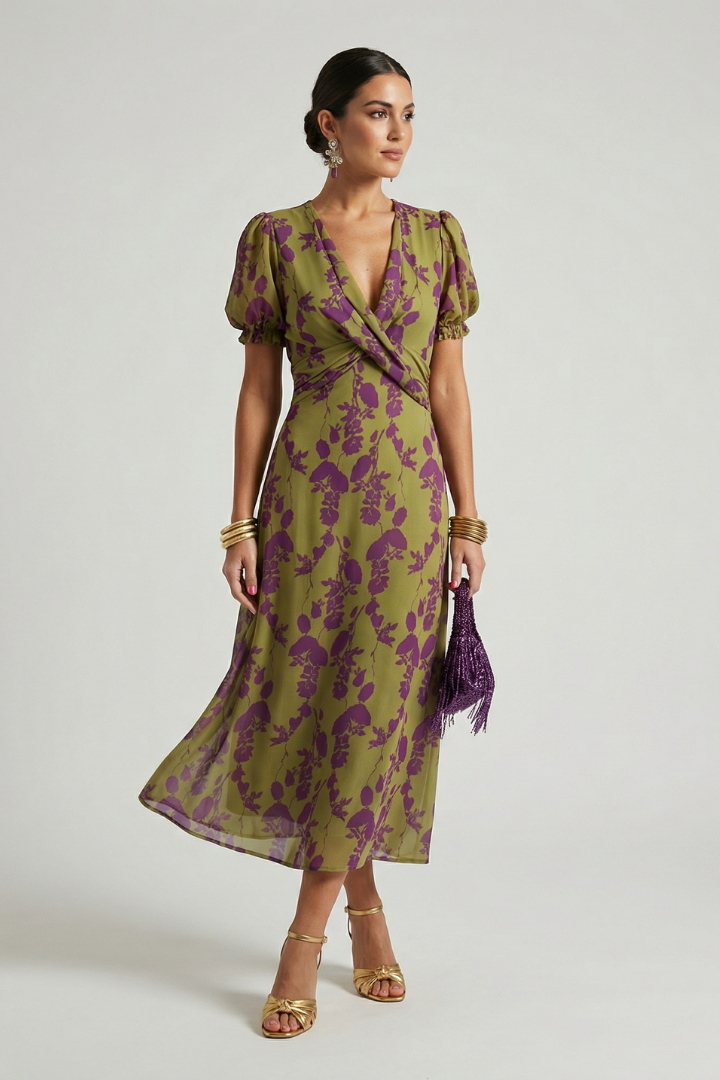 Nerina | Wrap Neckline Floral Midi Dress