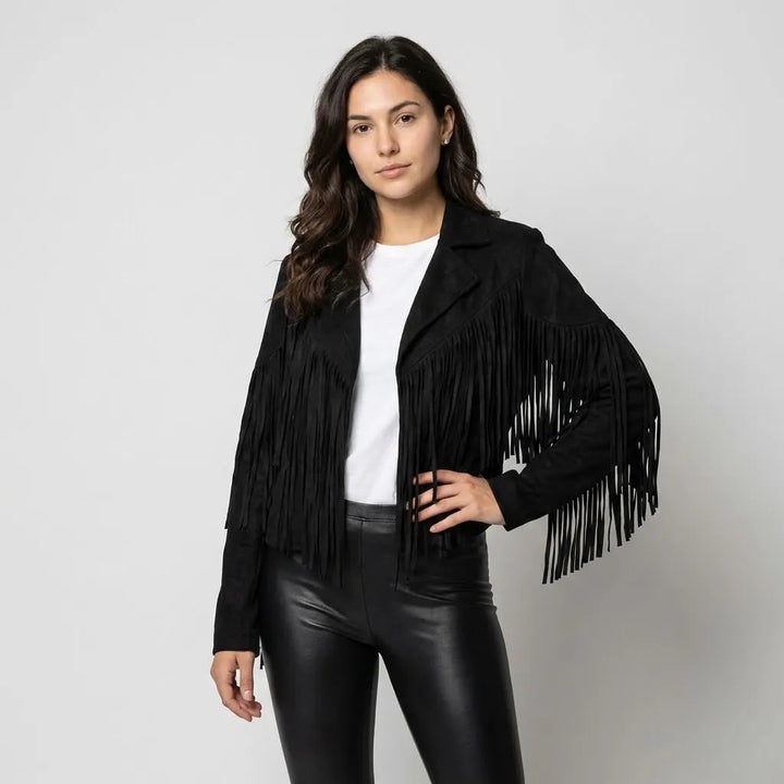 Boho-Inspired Short Jacket with Suede Finish and Fringe Details