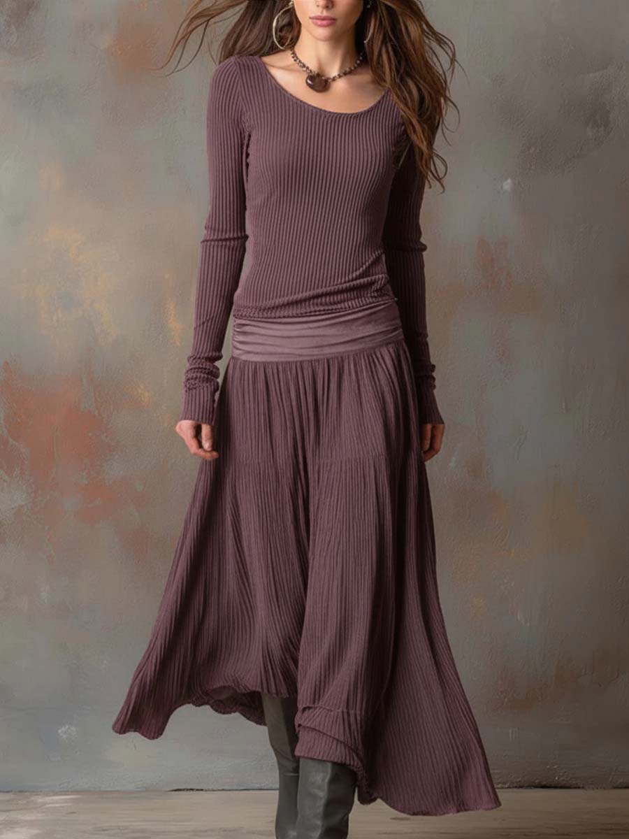 Charcoal Grey Vintage Ribbed Knit Long Dress