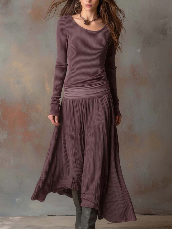 Charcoal Grey Vintage Ribbed Knit Long Dress