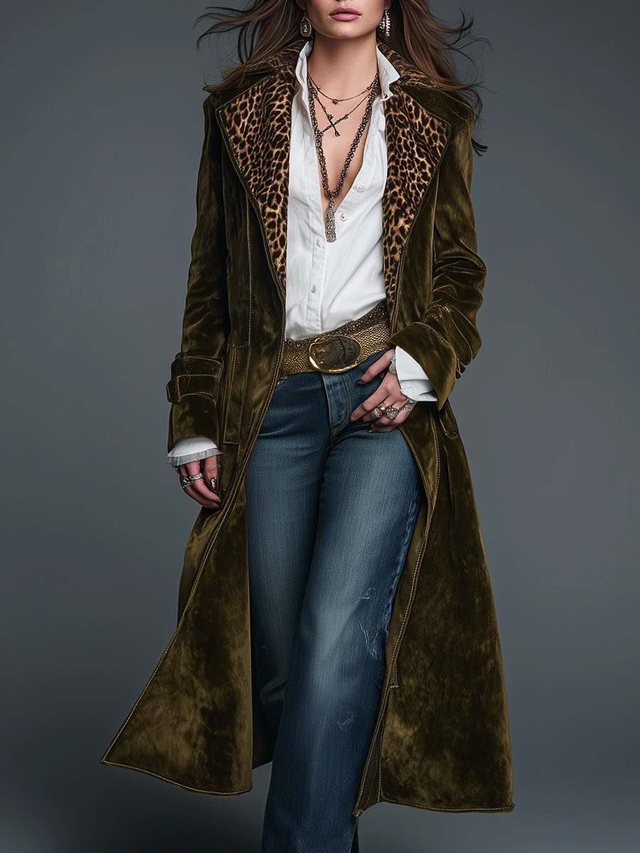 Bohemian Olive Velvet Long Coat with Leopard Print Collar