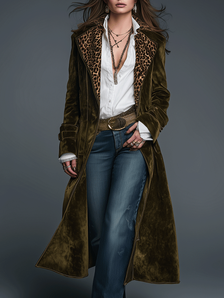 Bohemian Olive Velvet Long Coat with Leopard Print Collar