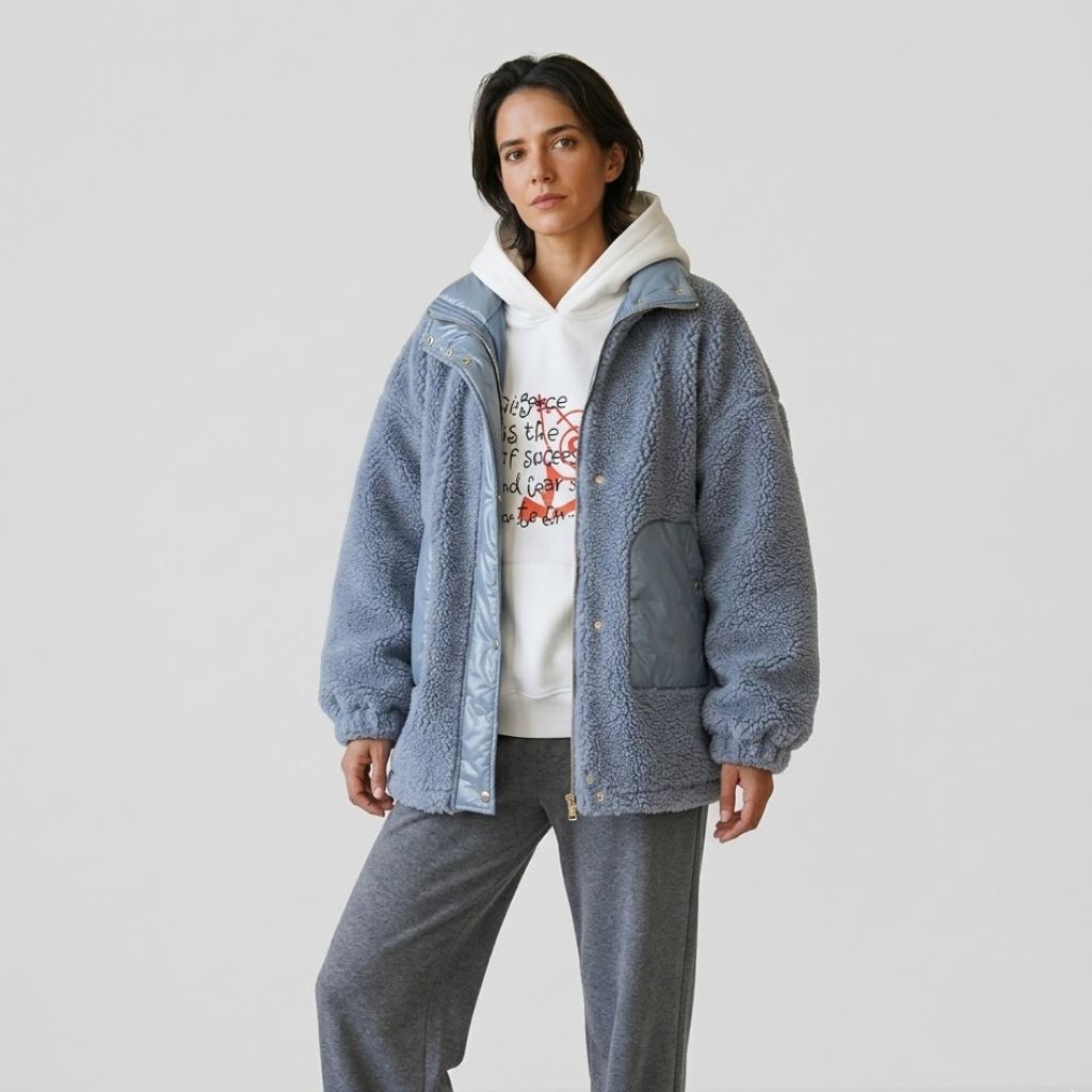 Polyester Oversized Teddy Coat with Front Closure and Spacious Pockets
