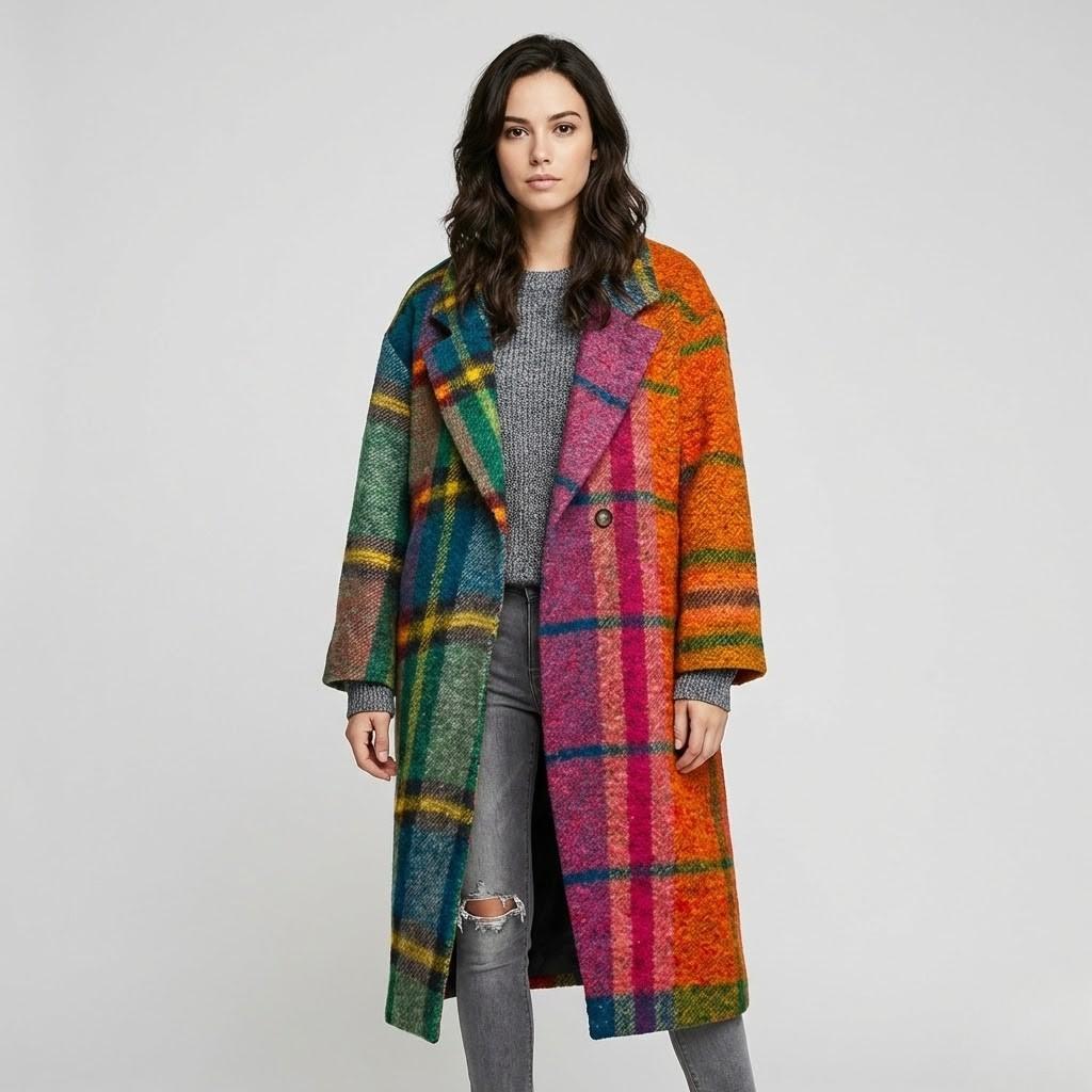 Straight-Cut Long Wool Coat with Unique Checked Design