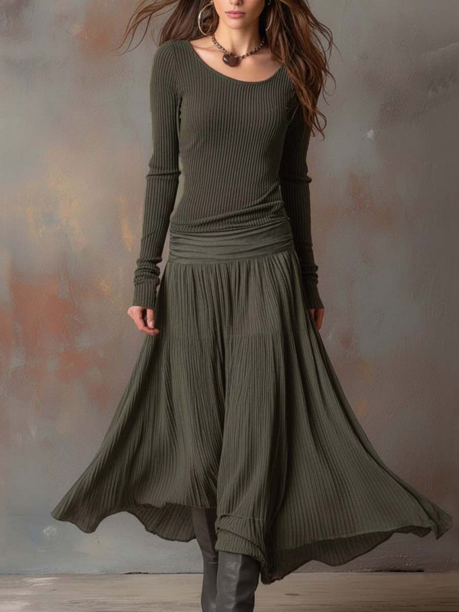 Charcoal Grey Vintage Ribbed Knit Long Dress