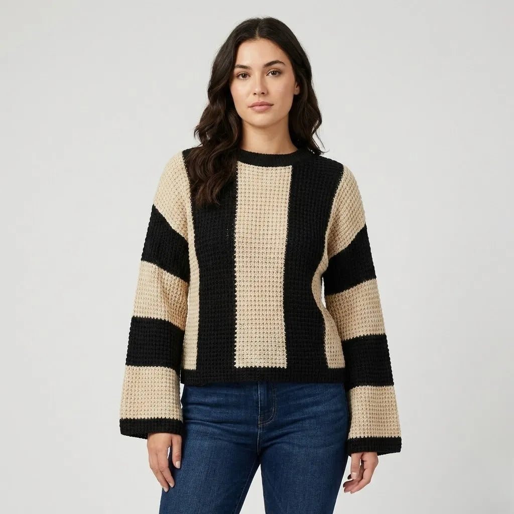 Striped Pattern Straight Cut Knitted Sweater