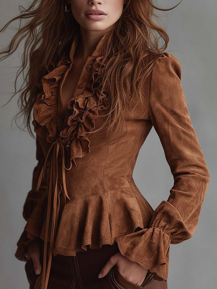 Retro Eco-Conscious Suede Blouse Featuring Lace Details