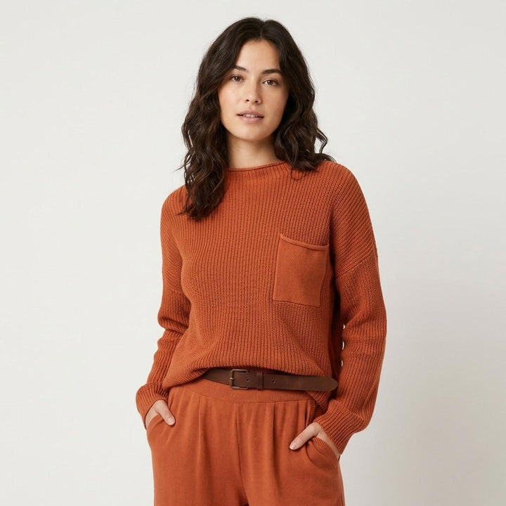 Relaxed-Fit Structured Knit Cotton Sweater with Front Pocket