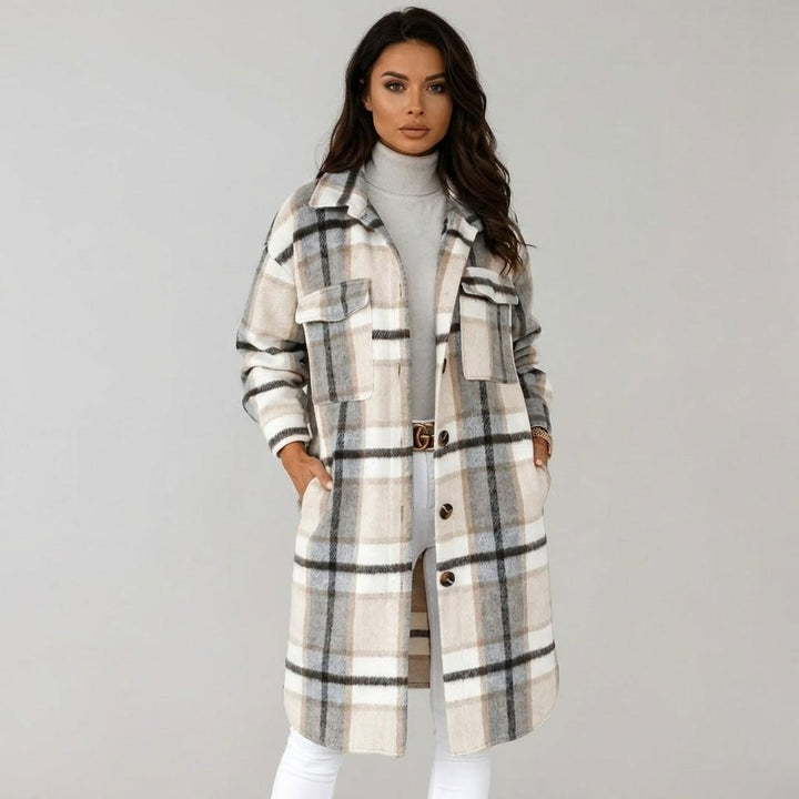 Chic Checked Wool Blend Coat with Straight Cut