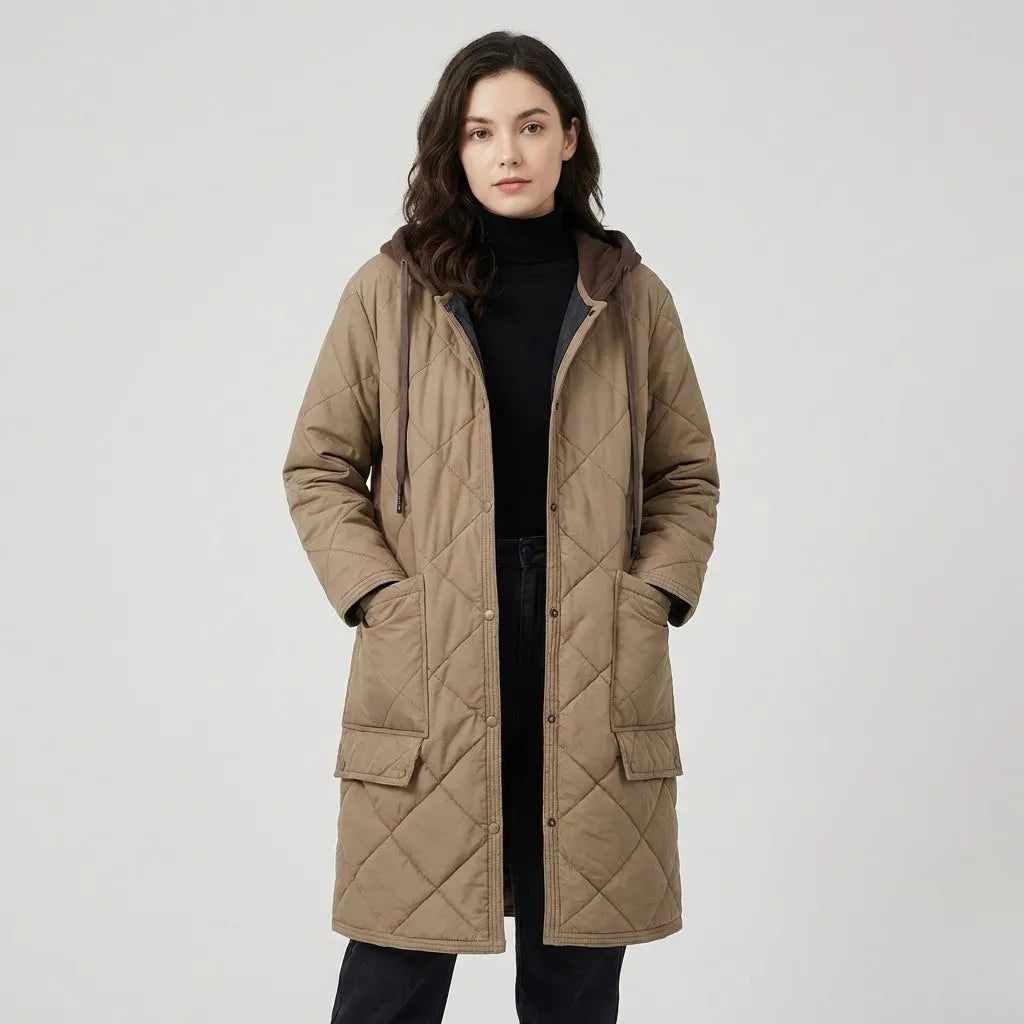Straight-Cut Long Quilted Hooded Coat