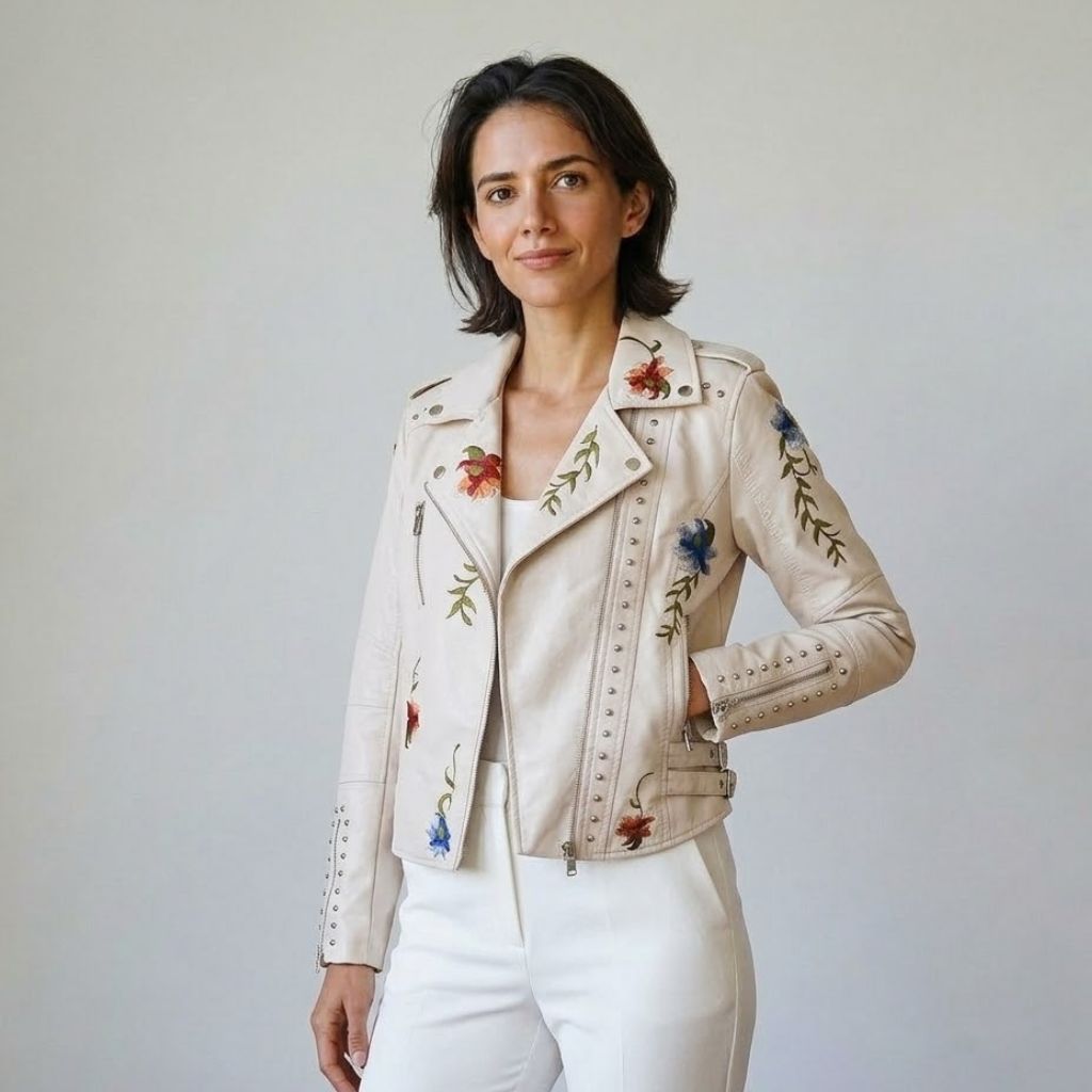 Floral Embroidered Short Biker Jacket in Polyurethane and Polyester