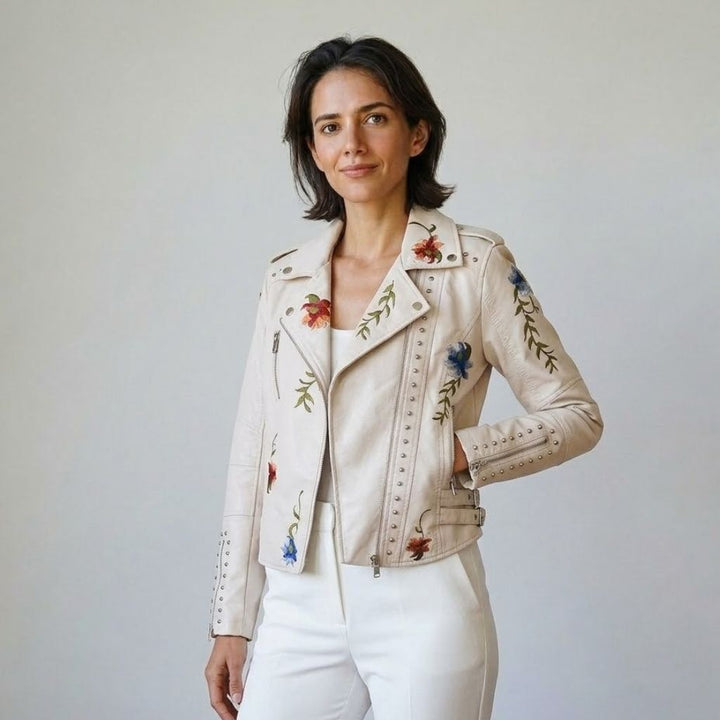 Floral Embroidered Short Biker Jacket in Polyurethane and Polyester
