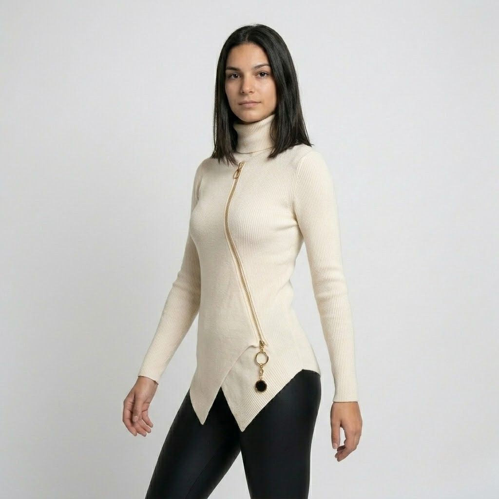 Modern Asymmetrical Structured Sweater in a Polyester-Viscose Blend
