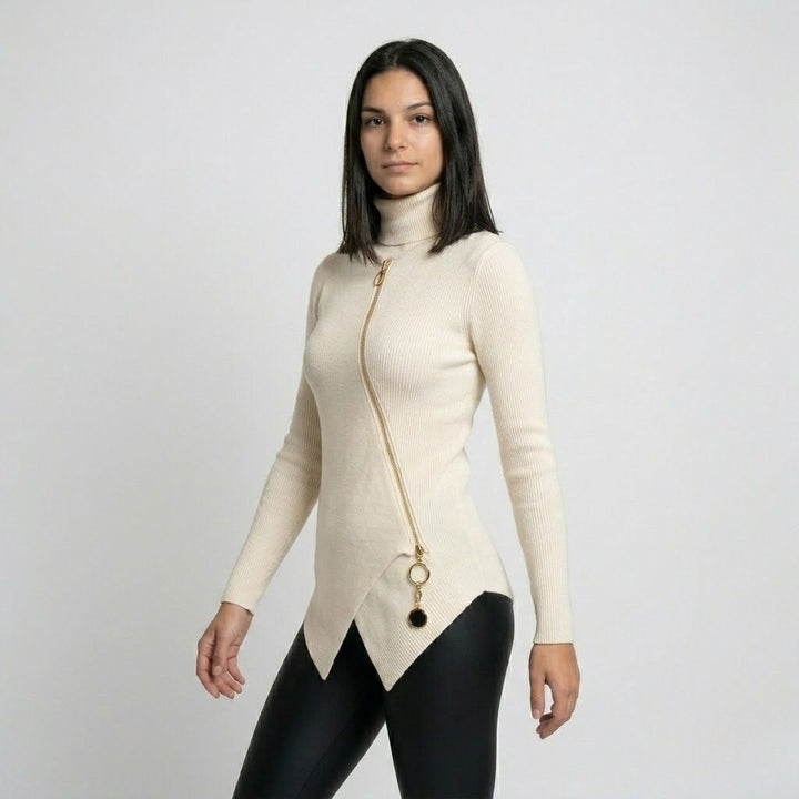 Modern Asymmetrical Structured Sweater in a Polyester-Viscose Blend