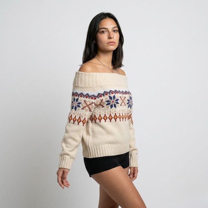 Off-the-Shoulder Nordic Pattern Sweater in Acrylic-Polyester Blend