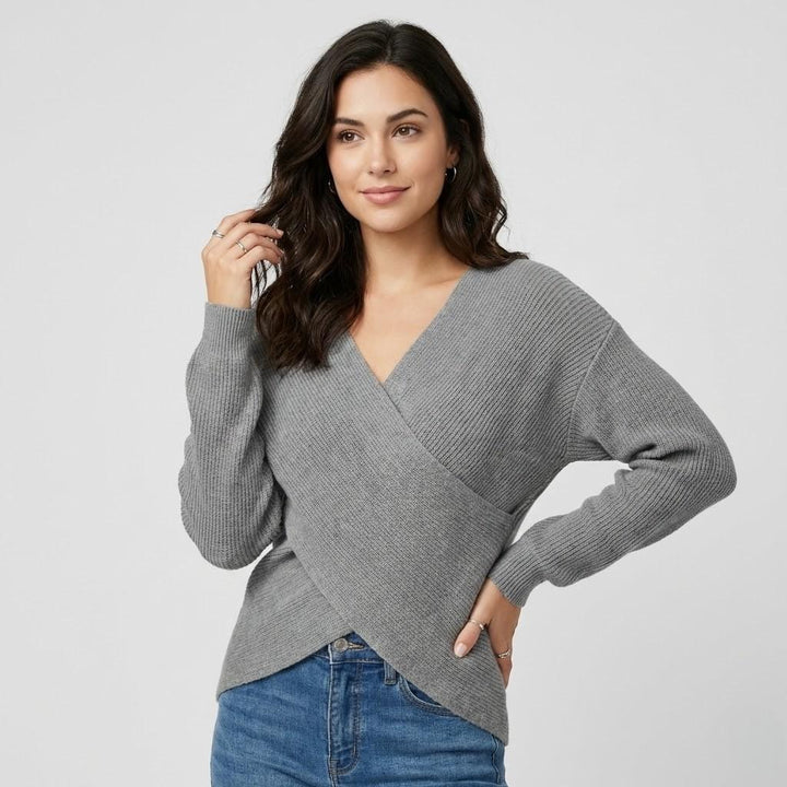 V-Neck Crossed Ribbed Sweater