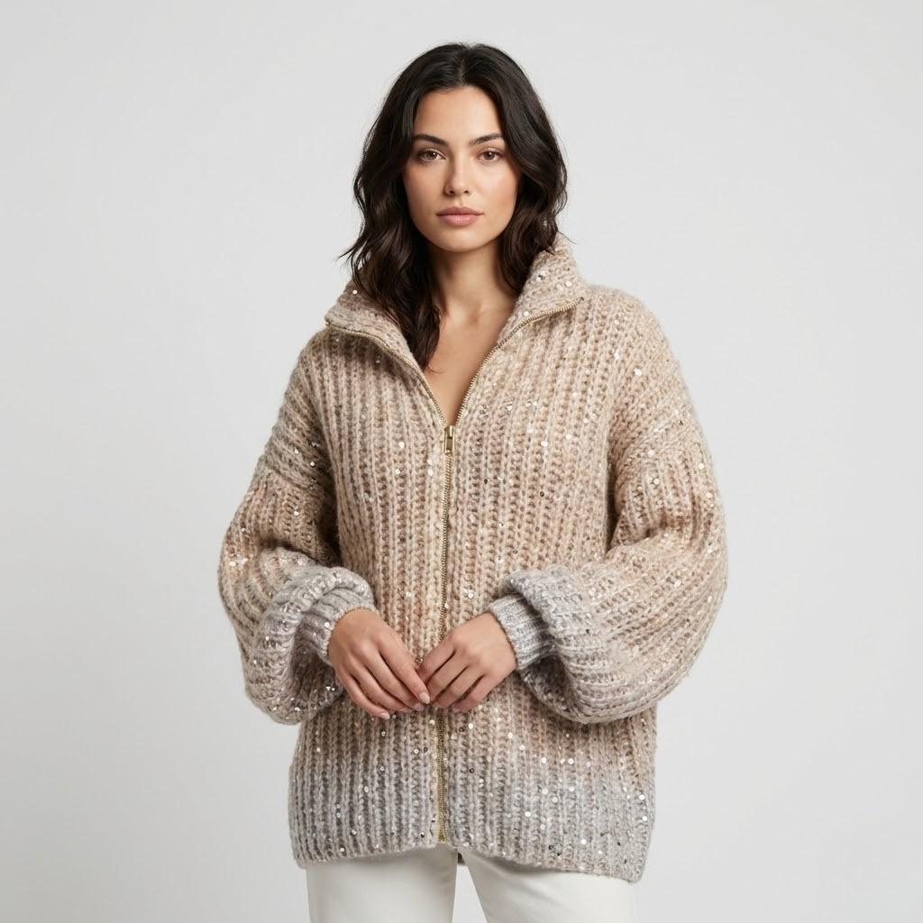 Shimmering Chunky Knit Sweater with High Collar and Front Closure
