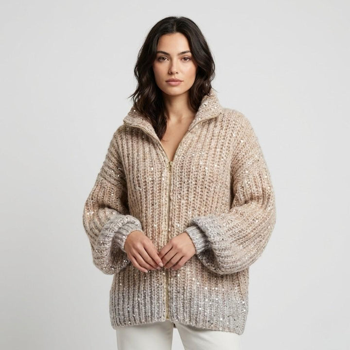 Shimmering Chunky Knit Sweater with High Collar and Front Closure