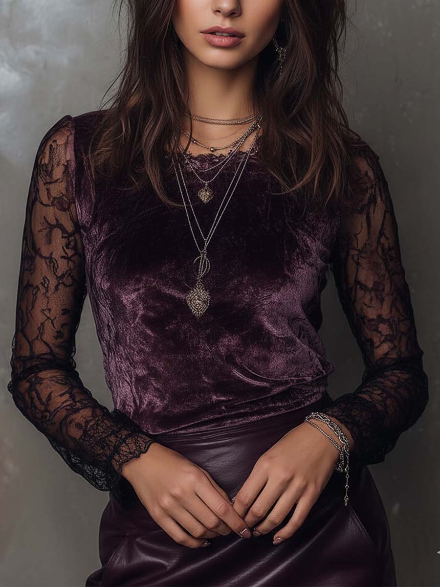 Sheer-Sleeved Gothic Velvet and Lace Blouse
