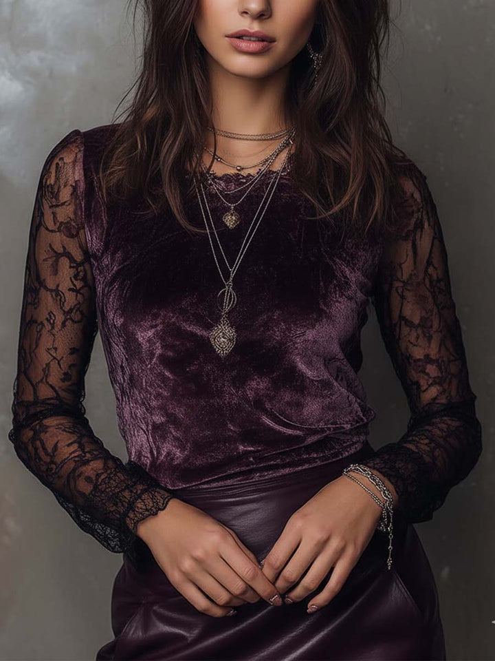 Sheer-Sleeved Gothic Velvet and Lace Blouse
